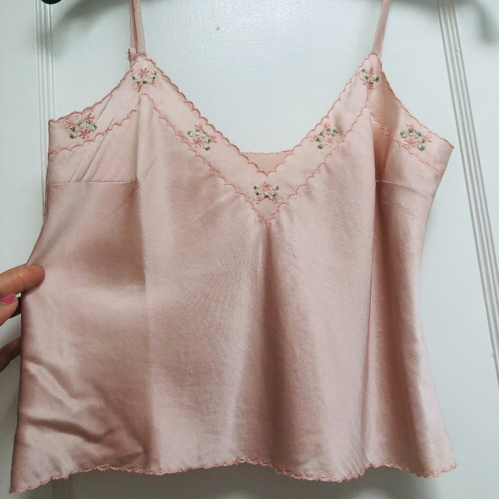 Doen Delicates Effie Pink Silk Cami Crop Tank Top Scalloped Edge XXS